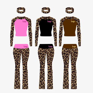 Sl021, conjunto de pantalones acampanados plegables con estampado de leopardo personalizado, ropa de salón con logotipo personalizado, camiseta de manga larga, conjunto de dos piezas, ropa de mujer - Product Image 1