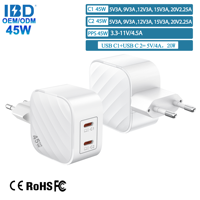IBD Gan PD 45W Cargador rápido 2 tipo C en 1 20V Carga rápida Teléfono celular Laptop PD3.0 PPS QC4 QC3.0 SCP FCP Adaptadores de cargador de pared