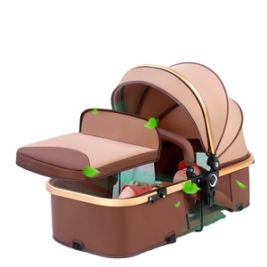 Custom Luxury Four-wheel <b>Cart</b> Baby Stroller Set with Car Seat <b>Foldable</b> 3-in-1 Travel Stroller Stainless Steel Frame Linen Fabric - Product Image 3
