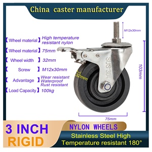 Gewindeter Schaft 3 Zoll 4 Zoll 5 Zoll Hitzebeständig 200°C °   Edelstahl 304 Nylon-Lenkrollen für Lebensmittelbetriebe - Product Image 3