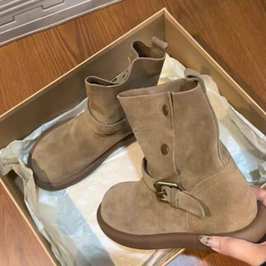 Botas Femininas Vintage de Camurça com Fivela, Cano Médio Dobrável, Plataforma Grossa Antiderrapante e Sola de Borracha – Estilo Retrô Casual – Lançamento Quente - Product Image 2