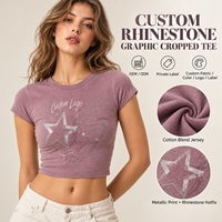 T-shirt OEM pour femme en jersey de coton mélangé, imprimé métallique, strass thermocollés, coupe courte, manches courtes, coupe ajustée, col rond, décontracté
