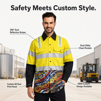 Kemeja Kerja Hi Vis Custom All Over Print Lengan Panjang dengan 360 Strip Reflektif Ganda, Pakaian Kerja Keselamatan untuk Konstruksi