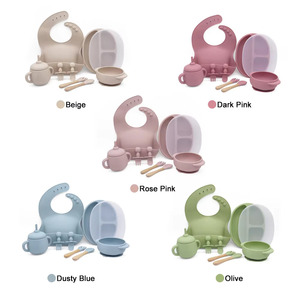 Juego de alimentación de silicona para bebés de 8 piezas, sin BPA, con luz LED, incluye cuenco con ventosa, plato dividido, babero, cuchara, tenedor y vaso con boquilla. - Product Image 1