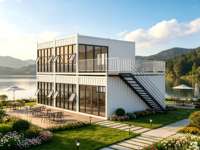 Villa conteneur modulaire haut de gamme à double étage avec vue sur le lac, grande façade vitrée, balcon et escalier extérieur pour parc panoramique