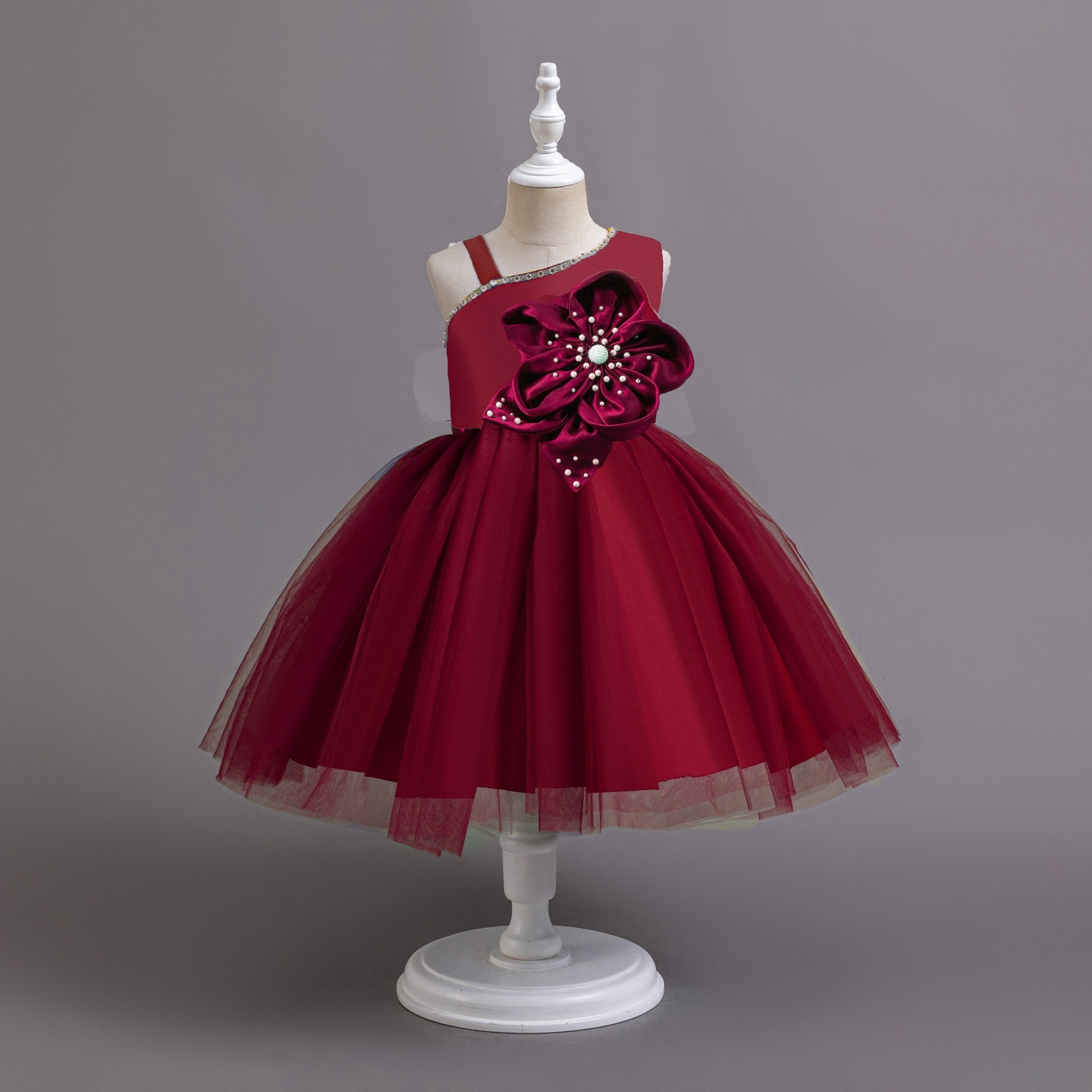 Floral Pearl Trimmed Strapless Organza Dress for Toddlers