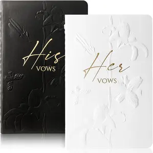 Pafu 2pcs Custom Luxury Gold Foil Vow Books Wedding White Black Cover Notebook with 28 Pages His Hers Vows Book with Envelope