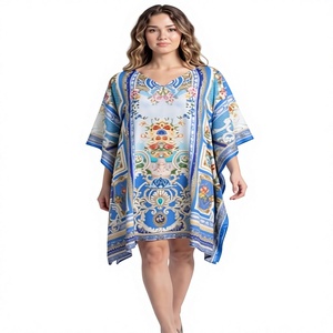 Digital Printed Feather Polysilk <b>Kaftan</b>-<b>Summer</b> Casual Women's Maxi Short Sleeve - Product Image 1