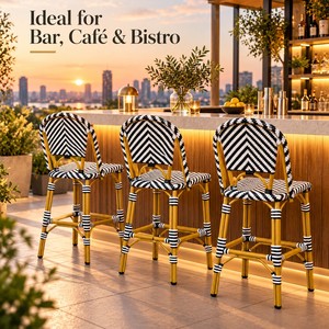 Tabouret de bar moderne noir et blanc à chevrons tressés, dossier haut avec accoudoirs, en rotin, pour bar à domicile, café, prix DDP USA - Product Image 5