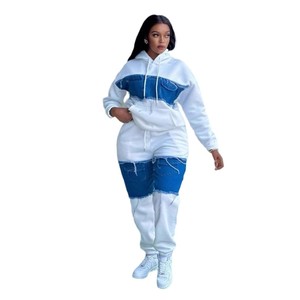 2026 New Urban Streetwear <strong>Denim</strong> Patchwork Tracksuit <strong>Women</strong> Color Block Hoodie and <strong>Joggers</strong> 2 Piece Set - Product Image 5