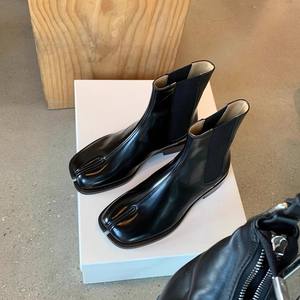 Botas de tobillo elásticas de media pantorrilla de piel de vaca pulida con punta dividida, estilo pezuña de cerdo/caballo, novedad 2026 - Product Image 1