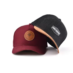 批发便宜的纯色皮革贴片5面板刺绣定制标志棒球帽