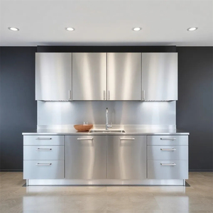 Meuble de Cuisine Haut de Gamme en Acier Inoxydable Forme Linéaire Anti-Rouille Texture Métallique Armoire de Cuisine Anti-Humidité - Product Image 1