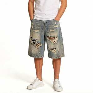 Pantaloncini da uomo personalizzati estivi larghi streetwear casual in <span class=keywords><strong>denim</strong></span> strappato effetto sbiadito con stampa lavata - Product Image 2