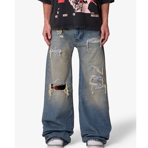 Mens Vintage Washed Ripped Wide Leg Jeans 2026 New Distressed Frayed Hole Baggy Denim Pants Streetwear OEM ODM Custom Service - Product Image 2