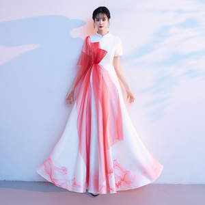 Women's Chinese Style Long Dress Stand Up Collar Short Sleeve Red Gauze Performance Wear Stage Costume Coming Of Age Ceremony - Product Image 1