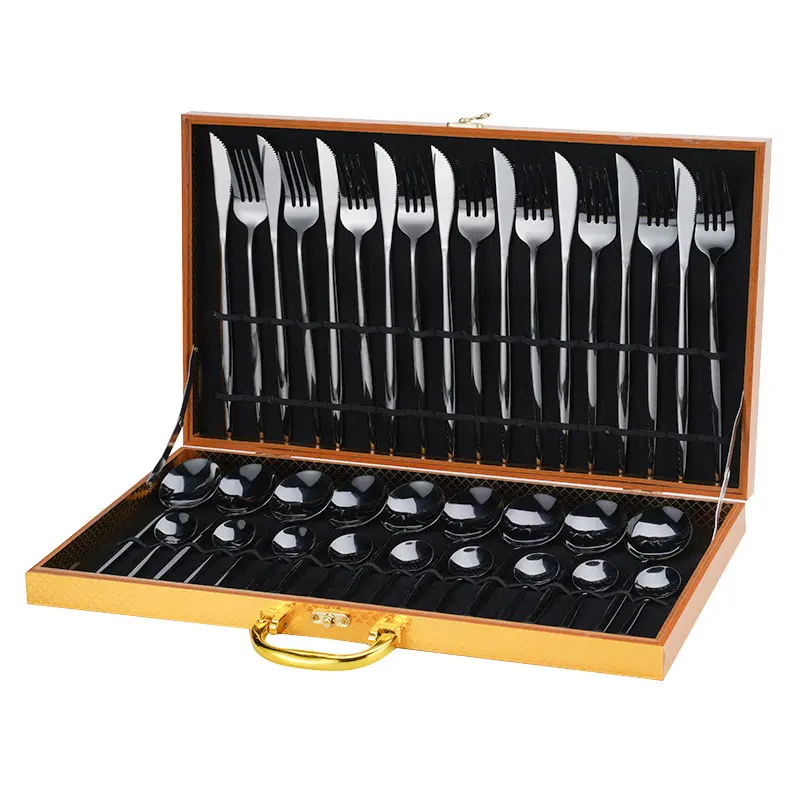 36-teiliges Hochzeitsbesteck-Set Gabel-Messer-Löffel-Silberwaren Edelstahl schwarzes Besteck-Set mit Holzbox