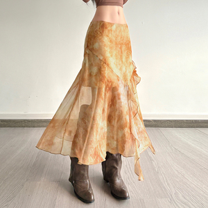 กระโปรงมิดิทรงเอวธรรมชาติสไตล์อเมริกันวินเทจ แต่งระบายลายดอกไม้แบบอสมมาตร แฟชั่นสตรีทสไตล์สำหรับผู้หญิง - Product Image 5