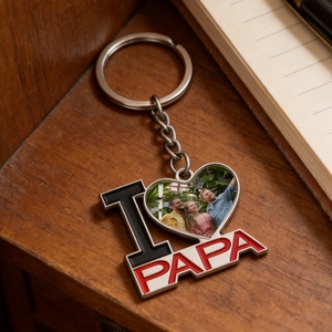 Llavero Sublimable con Forma de Corazón 'I Love Papa', Marco de Fotos Metálico Personalizado para el Día del Padre, Regalos Personalizados - Product Image 1
