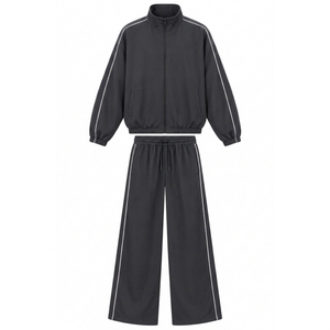 Ensemble de survêtement unisexe noir ample à manches longues avec fermeture éclair, col montant, coupe décontractée, respirant, style sportif, couleur unie, pour adulte - Product Image 1
