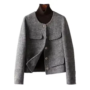 Mantel wol asli kerah O wanita, mantel wol kualitas tinggi, mantel crop asli, dengan Single Breasted