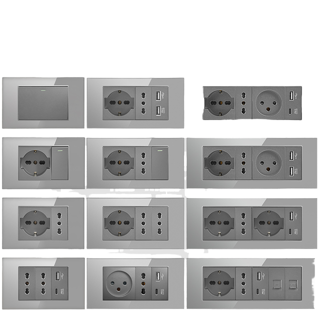 Smart EU Wall Socket Type C Fast Charge Modular Switch Panel in Grey for Home/Office 16A Max. Current 250V Max. Voltage
