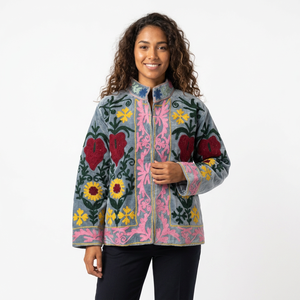 Veste en velours de coton tricoté réversible pour femmes Sujani, logo personnalisé, col mandarin matelassé, broderie à la main, manches longues - Product Image 1
