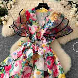 Vestido Midi de Talla Grande para Mujer, Primavera 2025, Ecológico, Cuello en V, Manga Corta, Casual, Transpirable, Tejido, Corte A, con Volantes Estilo Imperio - Product Image 4