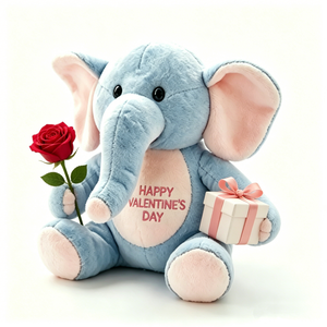 Customized Soft light blue sitting <b>elephant</b> plush with pink contrast accents, holding red rose and white pink ribbon <b>gift</b> box - Product Image 1