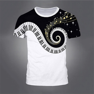 T-shirt da uomo vintage con stampa 3D di note musicali e pianoforte, manica corta - 100% poliestere ecologico, traspirante, taglie forti, moda estiva - Product Image 4