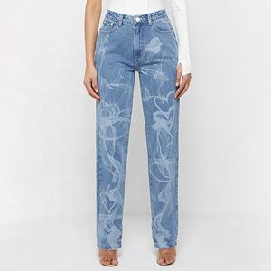 Denim <strong>Burn</strong> Out Lady High Waist Pants <strong>Laser</strong> Etching Womens Cotton Jean <strong>Laser</strong> Printing <strong>Blue</strong> Washed Straight Women Jeans - Product Image 1