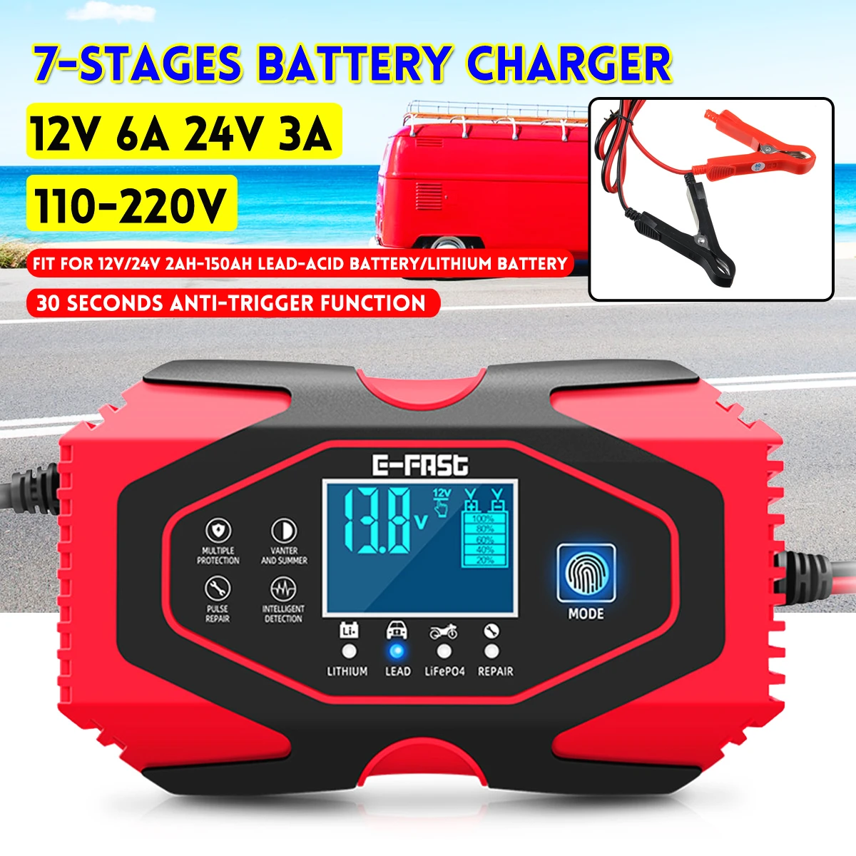 Smart Car Battery Charger - 12V/24V Intelligent Pulse Repair