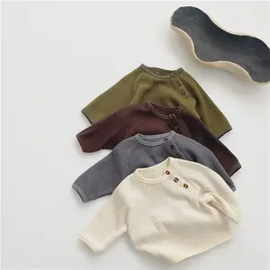 2022 Ins baby primavera e autunno New infant baby simple waffle Pullover allentato manica lunga top maglione solido neutro