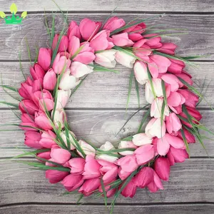 Artificial Tulip Wreaths for Front Door Springtime Silk Flower Wreath Window Wall Party Wedding Valentines Day Hanging Decor