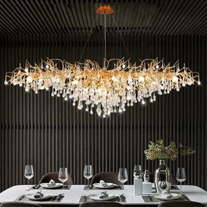 Lustres ovales LED de luxe en cristal pour longue table à manger, luminaires suspendus modernes en forme de branche d'arbre et de goutte de pluie en cristal doré - Product Image 1