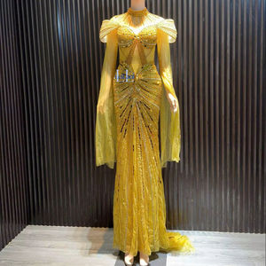 Vestido de Mujer Tipo Sirena con Hombros Descubiertos y Manga Corta, Tela de Seda, Pedrería de Lujo, Vestido de Noche para Fiesta - Product Image 1