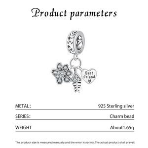 Breloque Chat Meilleur Ami en Argent S925 avec Pavé de Zirconium Cubique, Patte, Os de Poisson, Cœur, Triple Pendentif Creux pour Bijoux - Product Image 5