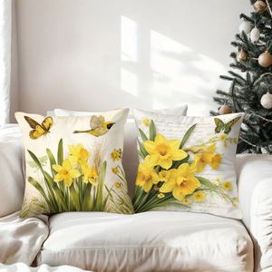 Gelbe <span class=keywords><strong>Narzissen</strong></span> und Vogel- und Schmetterlingsmotive schmücken gemütliche festliche Kissen auf einem Sofa. - Product Image 3