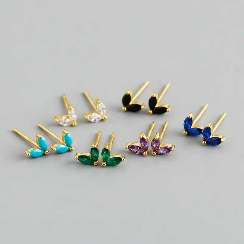 Minimalist 925 Sterling Silver Multi-Color 18k Gold Mini Geometric Butterfly Colored Zircon Stud Earrings YF3629