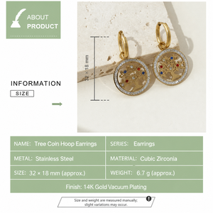 Pendientes de Aro con Diseño de Árbol, Acero Inoxidable, Chapado al Vacío en Oro de 14K, Circonita Cúbica Multicolor, Gotas Redondas - Product Image 2