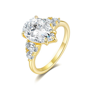 Bague en argent sterling S925 avec moissanite en forme de poire, trois pierres, luxe léger, plaqué or, bicolore, pour femme, fiançailles, mode - Product Image 1
