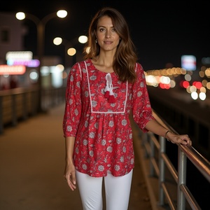 Venta al por mayor viscosa rojo túnica Casual mujer Kurti elegante manga larga túnica Top para damas elegante Ropa Étnica - Product Image 2