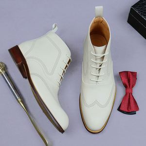 Bottes blanches populaires pour hommes, en cuir véritable, à tige haute, style Chelsea, bottes de ville pour hommes - Product Image 4