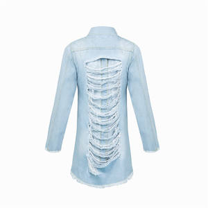 Giacca di Jeans Blu Strappata da Donna, Cappotto Lungo in <span class=keywords><strong>Denim</strong></span> per Primavera e Autunno - Product Image 5