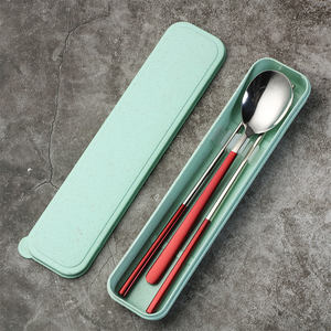 Set peralatan makan bahan baja tahan karat, Set sendok sumpit gagang warna-warni yang dapat digunakan kembali 2 buah baja tahan karat gaya Korea dengan kotak - Product Image 6