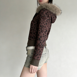 Veste à capuche zippée à imprimé léopard style Y2K avec bordure en fourrure, sweat à capuche streetwear décontracté et tendance pour femme - Product Image 6