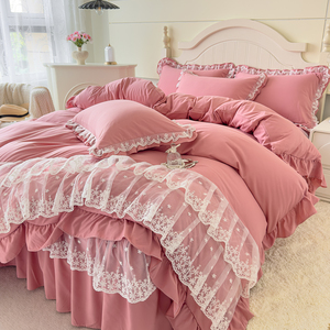 Set di Biancheria da Letto in Pizzo Rosa Antico con Volant, Stile Principessa, Set 4 Pezzi con Copripiumino e Decorazioni in Pizzo, Arredo Romantico per Camera da Letto - Product Image 5