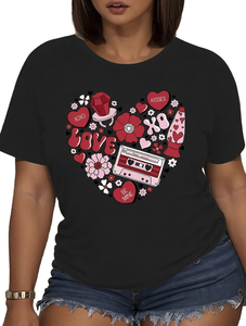 Camiseta Retro de San Valentín para Mujer, Talla Grande, Estilo Años 80, Negra, Manga Corta, Cuello Redondo, Estampado de Corazón Rojo XOXO, Algodón Suave, Informal - Product Image 1