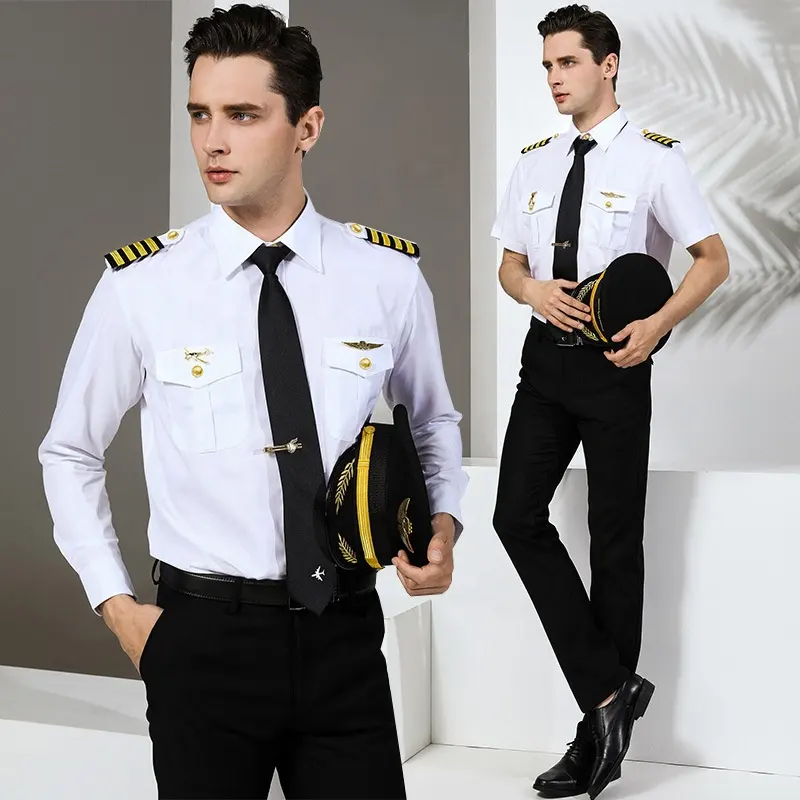 Uniformes de segurança masculinos, camisa branca de piloto de airline, roupas de voo aviador, roupas de trabalho