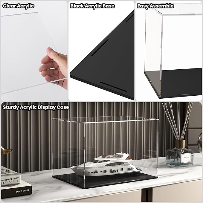 Clear Acrylic Display Box Black Base, Countertop Cube Storage Box Dust Protection Display for Action Figure Toys Collectibles